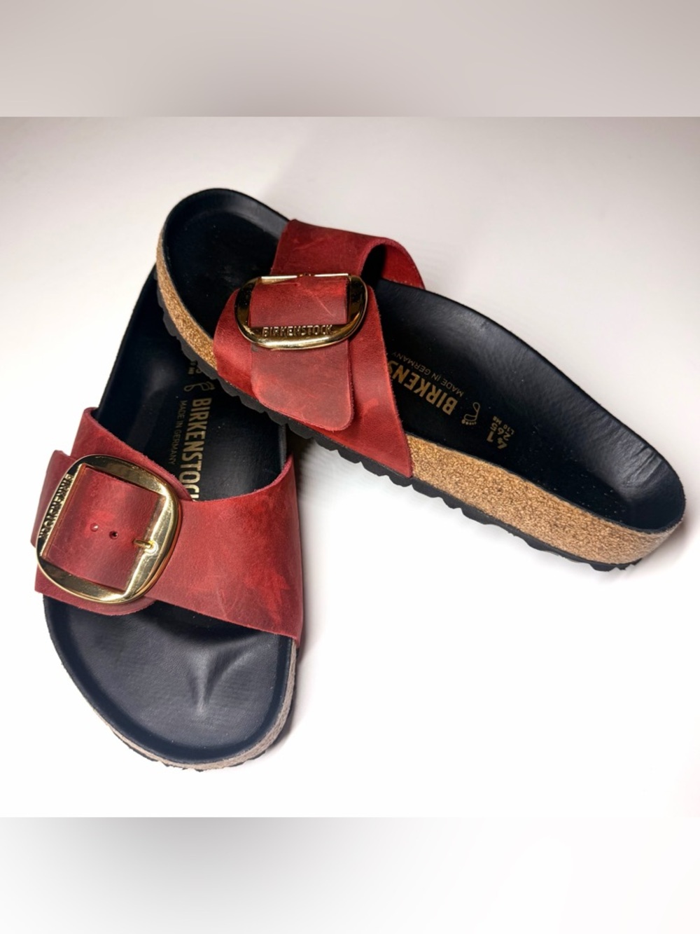 Birkenstock Madrid Red Leather Slide Sandals with Gold Buckles - Picture 6 of 9